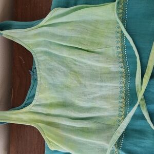 KARAVAN teal With Green Sleeveless Dress 100% Linen Women's Size Small